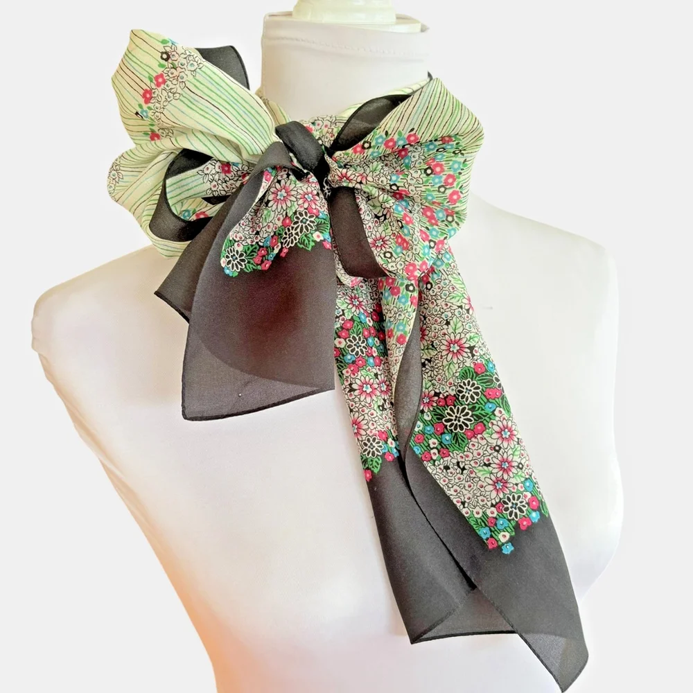 Vintage Floral Striped Oblong Scarf 70s 80s